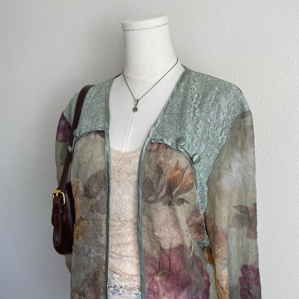 Vintage Dress Barn Woman Green Floral Lace Mesh Sheer Cardigan Jacket - Picture 4 of 6